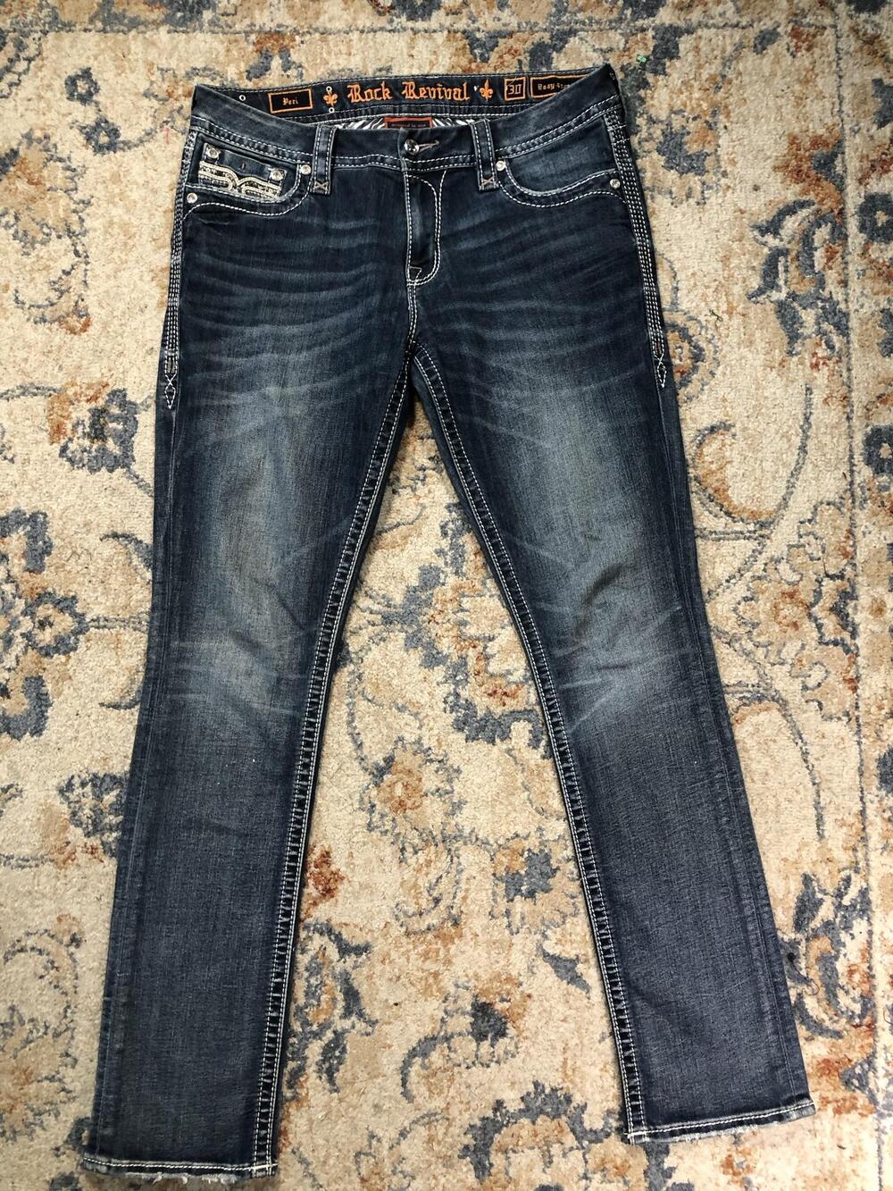 Rock Revival Jeans Womens 34x34 Blue Peri Easy Straight Rhinestone Dark Wash